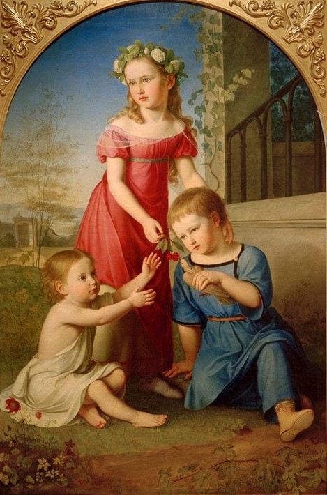 Wilhelm von Schadow, Die Kinder Schöning (Deutsche Kunst,Familie,Geschwister,Gruppenbild,Kindermode,Kirsche,Kunst,Mädchen,Mode,Obst,Blumenkranz,Klassizismus,Schwester,Kleinkind,Bilderrahmen,Im Freien (Allgemein),Bruder,Ganzfigurig)