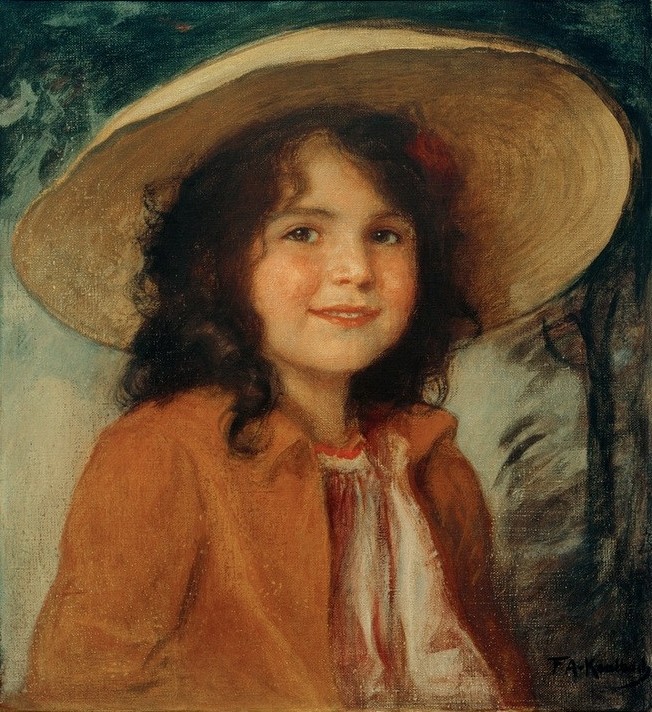 Friedrich August von Kaulbach, Bildnis Hedda, die Tochter des Künstlers (Deutsche Kunst,Kindermode,Kind,Kunst,Mädchen,Mensch,Mode,Portrait,Strohhut,Lächeln,Sonnenhut,Fröhlichkeit)