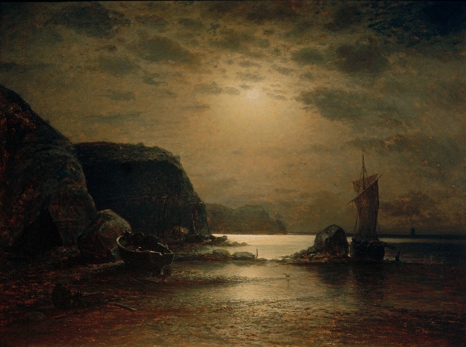 Paul Riess, Rügener Felsenküste im Mondschein (Boot,Deutsche Kunst,Himmel (Natur),Landschaft,Mond,Strand,Wolke,Fischerboot,Nacht,Meer,Segelboot,Felsen,Steilküste,Mondschein)