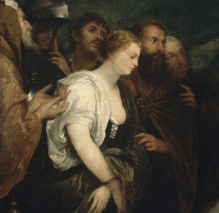 Anthonis van Dyck, LA MUJER ADULTERA – DETALLE DE LA MUJER DETENIDA – SIGLO XVII (Ehebrecherin, Frau, Männer, Verhaftung, Detail, Ausschnitt, Neues Testament, Bibel, Religion, Barock, Klassiker, Wunschgröße, Wohnzimmer)