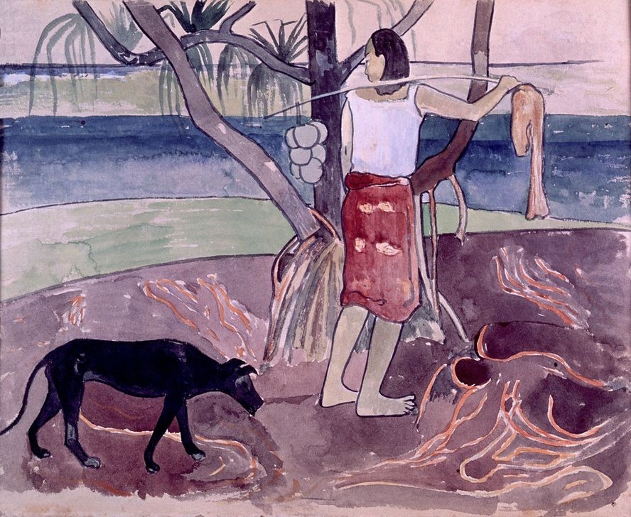Paul Gauguin, Tahitianische Frau mit Hund (Frau,Küste,Kunst,Landschaft,Völkerkunde,Meer,Hund,Joch,Französische Kunst,Frau Und Tier,Frauenleben,Tier,Synthetismus,Land Und Leute)