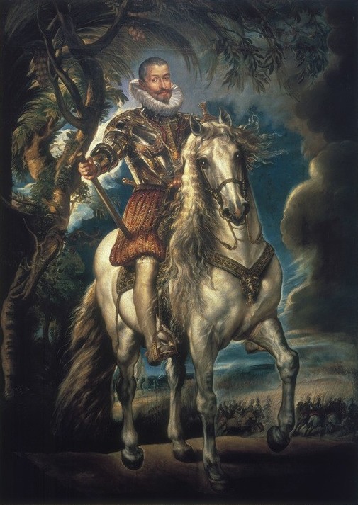 Peter Paul Rubens, Reiterbildnis des Herzogs von Lerma (Flämische Kunst,Geschichte,Kunst,Mann,Pferd (Tier),Reiter,Barock,Portrait,Kommandostab,Niederländische Kunst,Reiten,Reiterbildnis,Person,Schimmel (Pferd))