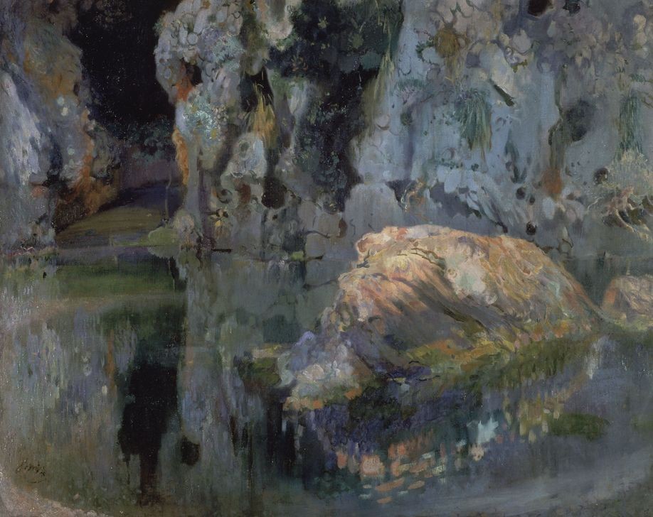 Joaquim Mir, El roc de l’estany (Landschaft, Stein, See, Felsen, Reflexion, Spanien, Post-Modernisme, Malerei, Klassische Moderne, Wunschgröße, Wohnzimmer, Treppenhaus, bunt)