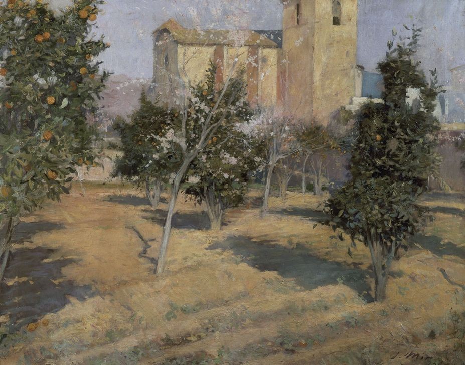 Joaquim Mir, Der Garten des Priesters (Kirche, Landschaft, Obstgarten,   Baum, Orangenbaum,  Nutzgarten, Post-Modernisme, Malerei, Klassische Moderne, Wunschgröße, Wohnzimmer, Treppenhaus, bunt)