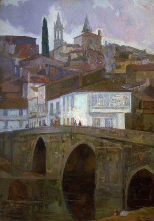 Francisco Llorens Diaz, ENTRE LUCES (BETANZOS) (Brücke, steinerne Brücke, Fluss, Altstadt, Kirchturm, Architektur, klassische Moderne, Wohnzimmer, Impressionismus, Wunschgröße, Malerei)
