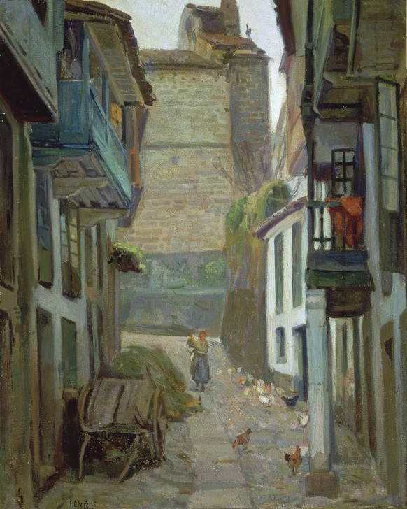 Francisco Llorens Diaz, CALLE DE SANTA MARIA – BETANZOS –  (Dorfstraße, Häuser, Genre, Altagsszene, Hühner,   Leiterwagen, klassische Moderne, Wohnzimmer, Impressionismus, Wunschgröße, Malerei)