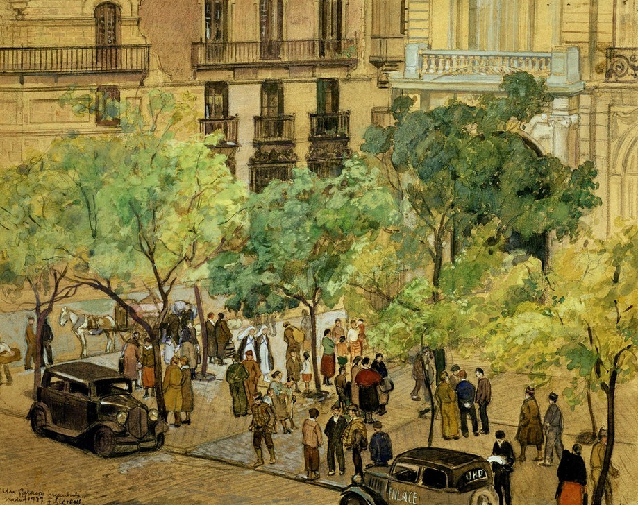 Francisco Llorens Diaz, UN PALACIO INCAUTADO–1937 (Platz, Menschen, Bürger,  Geschichte, Krankenschwester, Soldat, Spanischer Bürgerkrieg, klassische Moderne, Wohnzimmer, Impressionismus, Wunschgröße, Malerei)