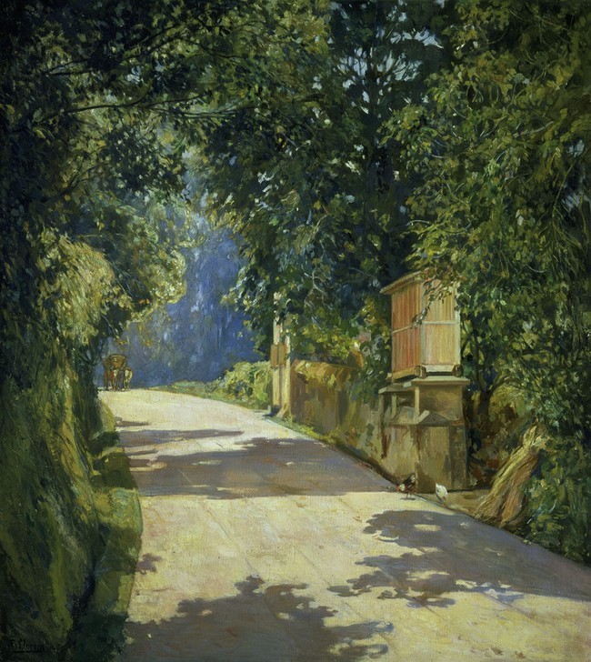 Francisco Llorens Diaz, EL HORREO Y EL CARRO – 1944 (Straße, Bäume, Kornspeicher, Mauer, Leiterwagen, Idylle, klassische Moderne, Wohnzimmer, Impressionismus, Wunschgröße, Malerei)