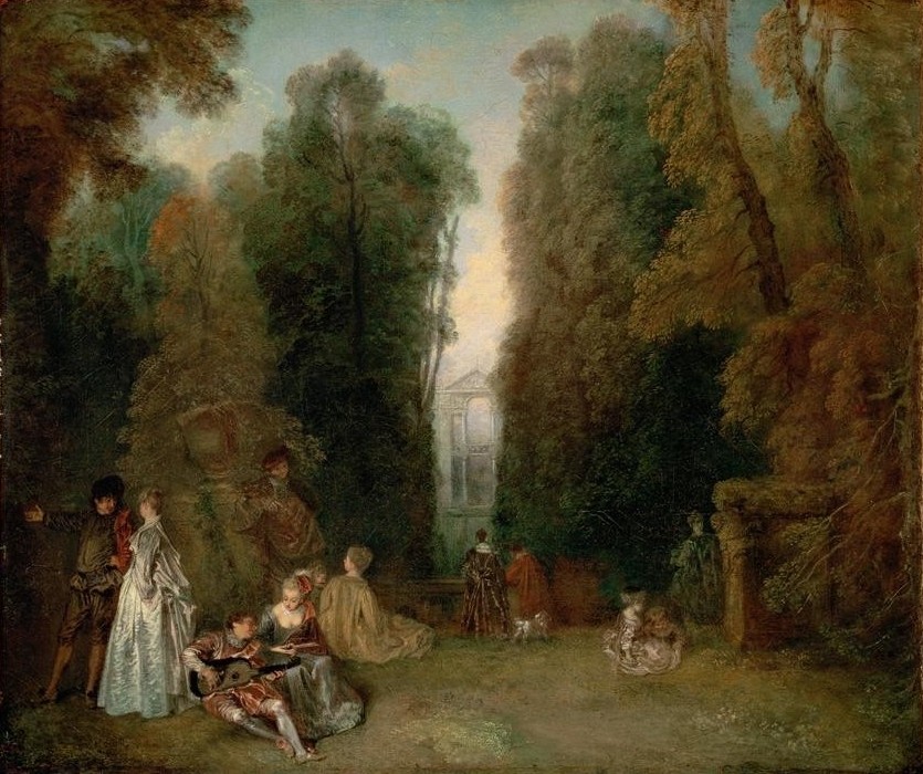 Jean-Antoine Watteau, La perspective: Vue à travers des arbres dans le parc de Pi (Garten Und Park,Gesellschaft,Gitarre,Kunst,Liebespaar,Menschen Im Park,Rast,Freizeit,Spaziergang,Barockgarten,Fetes Galantes,Adel,Französische Kunst,Müssiggang,Menschen Im Garten,Nichtstun,Musikant,Garten)
