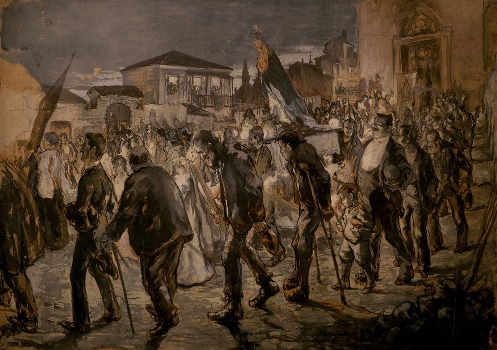 Joaquim Mir, Aufbruch einer Prozession (Prozession, Invalide, Gehbehinderte, Krücken, Glauben, Hoffnung, Religion, Post-Modernisme, Malerei, Klassische Moderne, Wunschgröße, Wohnzimmer, Treppenhaus, bunt)