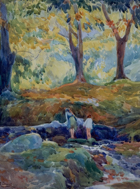 Francisco Llorens Diaz, BOSQUE-ACUARELA (Kinder, Wald, Mauer, Neugierde, Aquarell, klassische Moderne, Wohnzimmer,Impressionismus, Wunschgröße, Malerei)