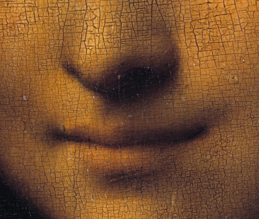 Leonardo da Vinci, Mona Lisa (La Gioconda) (Frau,Mensch,Renaissance,Portrait,Italienische Kunst,Lächeln,Mund,Berühmte Kunstwerke,Krakelee,Ausschnitt)