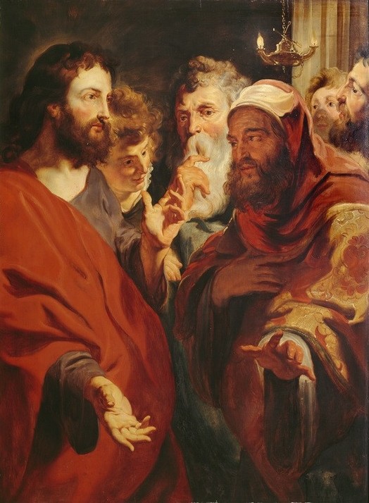 Peter Paul Rubens, Jesus belehrt Nikodemus (Christentum,Öllampe,Religion,Barock,Neues Testament,Bibel,Niederländische Kunst,Belehrung,Dialog,Seelsorge,Leben Jesu,Unterhaltung (Gespräch))