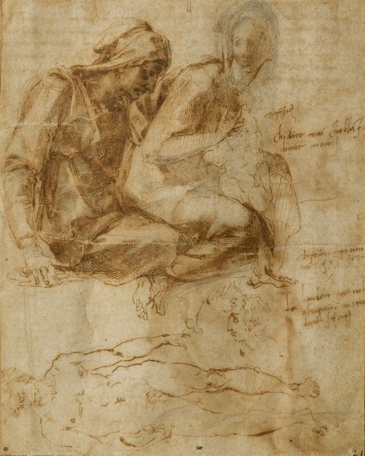 MICHELANGELO BUONARROTI, Studie zu einer Anna Selbdritt, männliche Aktstudie, Zitate aus einem Sonnett Petrarcas (Handschrift, Religion, Heilige Anna, Maria, Kind, Christentum,  Skizze, Zeichnung, Klassiker, Renaissance, Wunschgröße, schwarz/weiß)