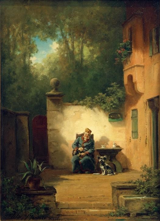 Willy Moralt, Kaffeetrinker (Deutsche Kunst,Kaffeemühle,Kaffee,Mann,Brunnen,Hof,Genussmittel,Herr Und Hund,Biedermeier,Hund,Hausmantel,Genre,Idylle,Im Freien (Allgemein),Lebensabend,Trinkgeschirr,Einzelgänger,Kaffeetrinken,Männerleben)