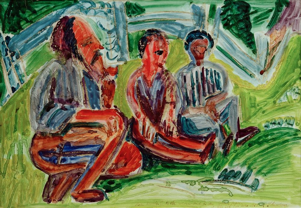 Ernst Ludwig Kirchner, Drei Bauern auf der Wiese (Bauer (Landwirt),Deutsche Kunst,Gruppenbild,Pause,Rast,Expressionismus,Wiese,Bäuerin,Die Brücke,Im Freien (Allgemein),Landleben,Landbevölkerung,Landwirtschaft)