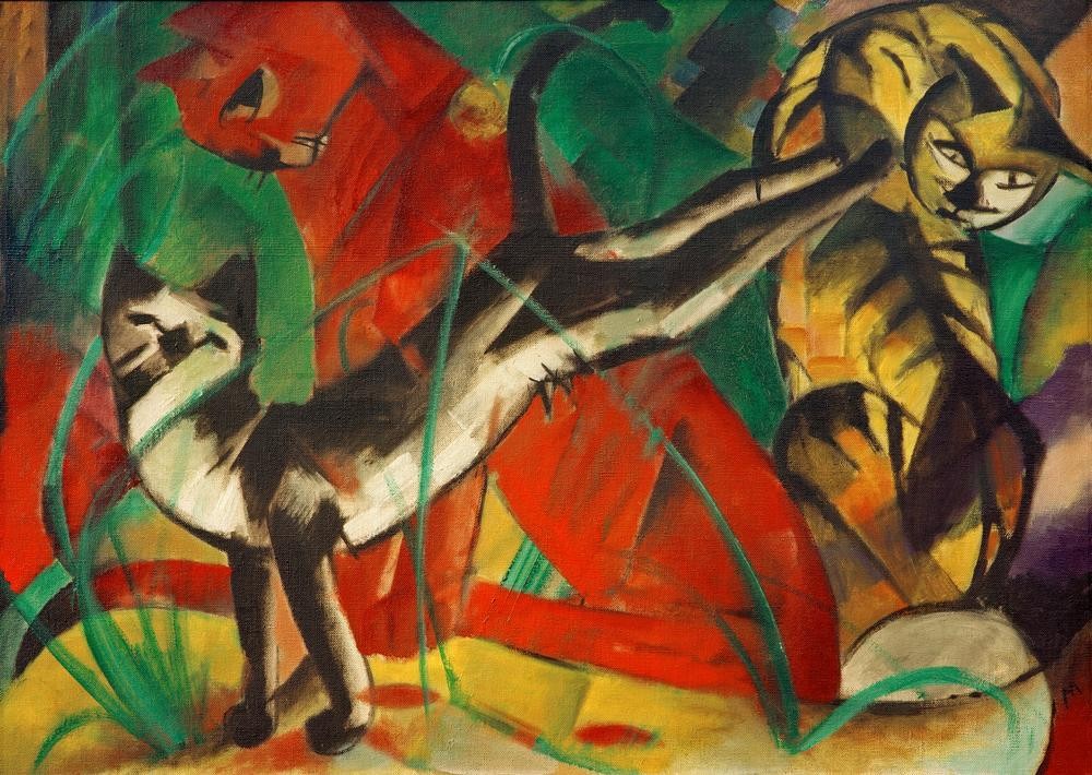 Franz Marc, Drei Katzen (Deutsche Kunst,Katze (Tier),Kunst,Zoologie,Expressionismus,Der Blaue Reiter,Haustier,Tierleben,Tier,Sprung,Farbigkeit)