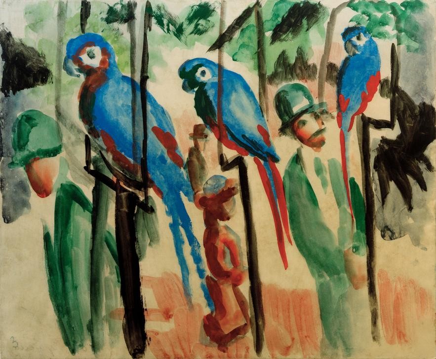 August Macke, Bei den Papageien (Deutsche Kunst,Kunst,Papagei,Vogel,Zoologischer Garten,Zoologie,Expressionismus,Der Blaue Reiter,Tierleben,Tierhaltung,Betrachten,Tier,Tierbeobachtung,Ornithologie,Vogelstange)