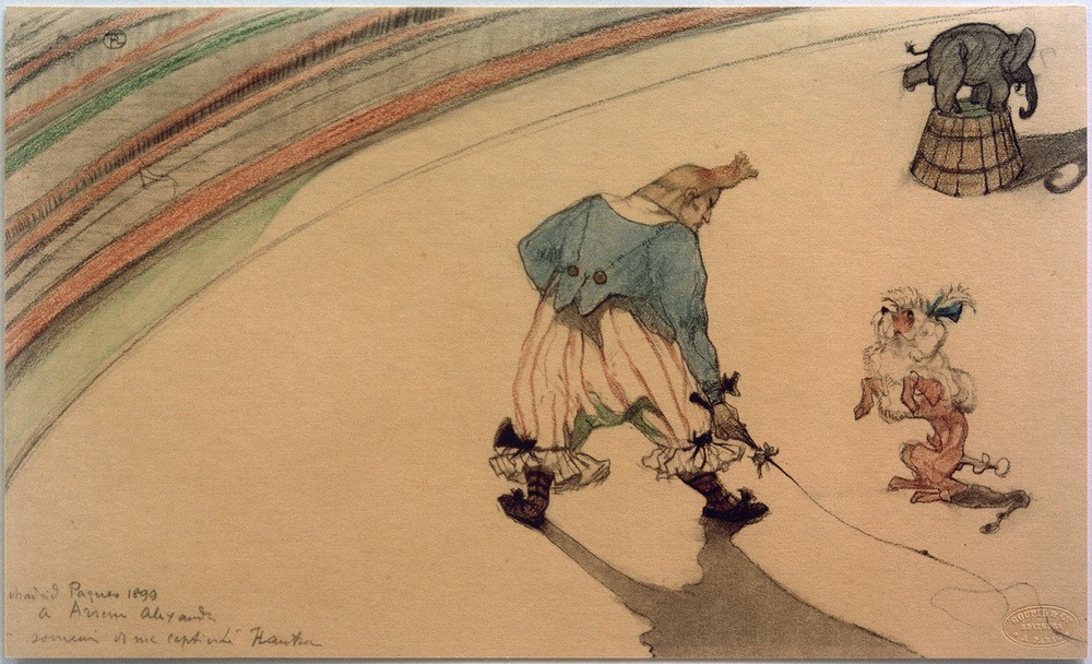 Henri de Toulouse-Lautrec, Clown dresseur (Elefant,Fahrendes Volk,Kunst,Zirkus (Theater),Hund,Peitsche,Clown,Dressur,Französische Kunst,Tierleben,Pudel,Manege,Tier,Männchen Machen,Vorführung)