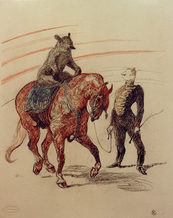 Henri de Toulouse-Lautrec, Travail de l'ours sur le panneau (Bär,Dompteur,Fahrendes Volk,Kunst,Pferd (Tier),Zirkus (Theater),Peitsche,Dressur,Französische Kunst,Reiten)