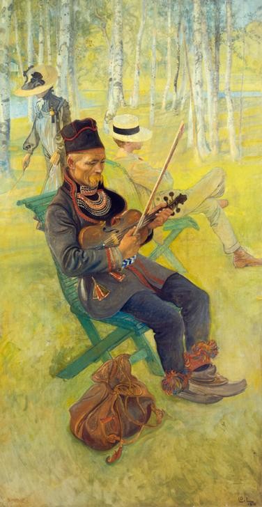 Carl Larsson, Fidelspielender Lappe (Garten Und Park,Geiger,Jahreszeiten,Jugendstil,Kopfbedeckung,Kunst,Mann,Musiker,Musik,Park,Freizeit,Sommer,Tracht,Volkskunde,Bart,Hut,Geige,Instrument,Frühling,Schnurrbart,Birke,Strohhut,Schwedische Kunst,Klappstuhl,Im Freien (Allgemein),Rucksack,Sonnenhu)