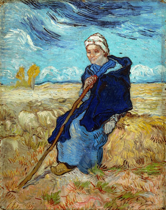 Vincent van Gogh, Die Schäferin (Kunst,Landschaft,Schafzucht,Impressionismus,Schaf,Genre,Niederländische Kunst,Holländische Kunst,Getreidefeld,Frauenleben,Schafherde,Herde,Sitzen,Schäferin,Landwirtschaft)
