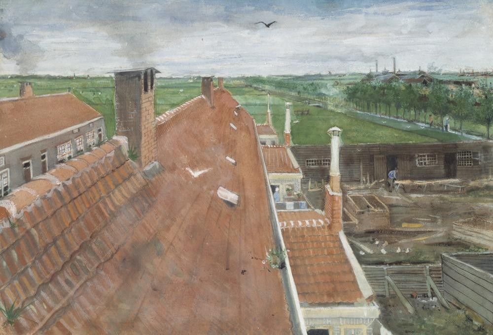 Vincent van Gogh, Die Dächer von La Haye (Dach,Kunst,Landschaft,Schornstein,Impressionismus,Architekturdarstellung,Niederländische Kunst,Holländische Kunst,Dachlandschaft,Tischler,Privatsammlung,Handwerker)