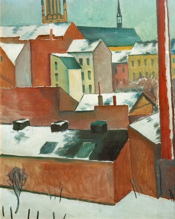 August Macke, Die Bonner Marienkirche im Schnee (Architektur,Deutsche Kunst,Haus,Jahreszeiten,Kirche,Kunst,Winter,Schnee,Expressionismus,Der Blaue Reiter,Architekturdarstellung,Stadtlandschaft)