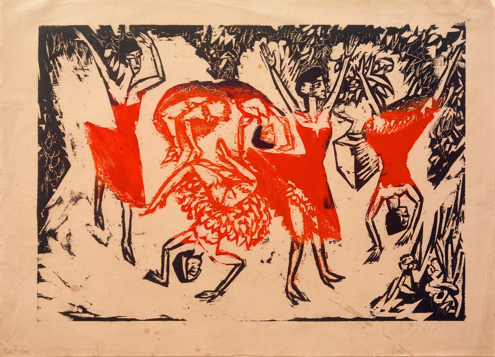 Ernst Ludwig Kirchner, Sich überschlagende akrobatische Tänzerinnen (Deutsche Kunst,Fahrendes Volk,Frau,Kunst,Musik,Tänzerin,Tanz,Expressionismus,Die Brücke,Akrobatin,Akrobatik,Salto)