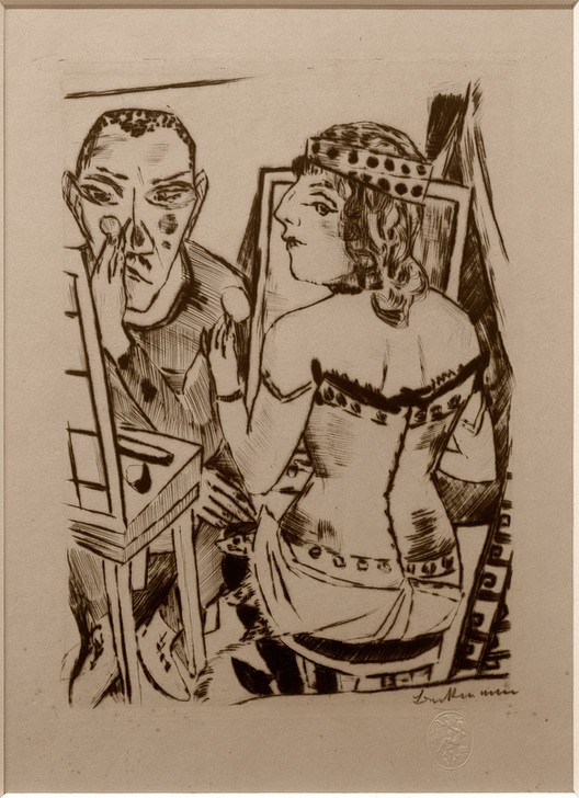 Max Beckmann, untitled (Mann, Frau, Schminken, Künstler, Menschen,  Zeichnung, Grafik, Expressionismus, Klassische Moderne, Wunschgröße, Wohnzimmer, schwarz/weiß)