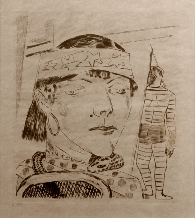 Max Beckmann, Die Schlangendame (Jahrmarkt, Zirkus, Zeichnung, Frau, Portrait, Schlange, Artisten, Grafik, Expressionismus, Klassische Moderne, Wunschgröße, Wohnzimmer, schwarz/weiß)