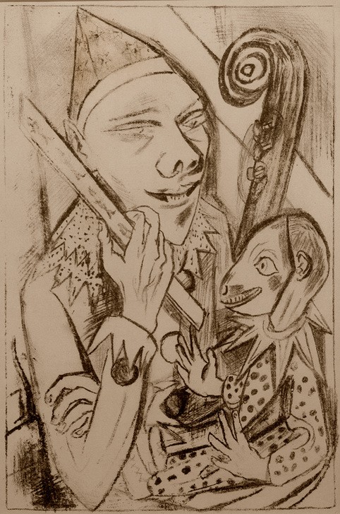 Max Beckmann, Pierrot mit Maske (Artisten, Grafik, Clown, Kind, Maske, Expressionismus, Klassische Moderne, Wunschgröße, Wohnzimmer, schwarz/weiß)