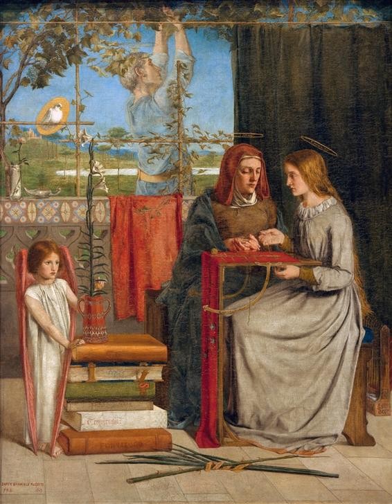 Dante Gabriel Rossetti, The Girlhood of Mary Virgin (Christentum,Engel,Handarbeit,Jugend (Lebensalter),Lilie,Pädagogik,Religion,Sticken,Tugend,Neues Testament,Bibel,Mutter Und Tochter,Marienleben,Präraffaeliten,Mariensymbol,Gartenarbeit,Englische Kunst,Frauenleben,Stickrahmen,Nachbiblische Überlieferung,Fol)