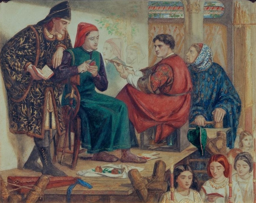 Dante Gabriel Rossetti, Giotto painting the portrait of Dante (Kirche,Künstler Und Modell,Maler (Künstler),Obst,Künstler Bei Der Arbeit,Präraffaeliten,Englische Kunst,Zuschauen,Portraitsitzung,Obstmesser,Handwerker,Person,Podest)