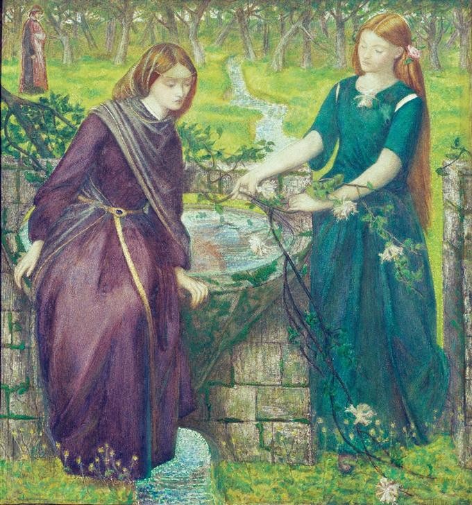 Dante Gabriel Rossetti, Dante’s Vision of Rachel an Leah (Christentum,Frau,Geschwister,Literatur,Religion,Brunnen,Schönheit,Altes Testament,Schwester,Bibel,Präraffaeliten,Englische Kunst,Rote Haare,Viktorianische Kunst,Epos,Vulgata,Rahel Und Leah,Person)