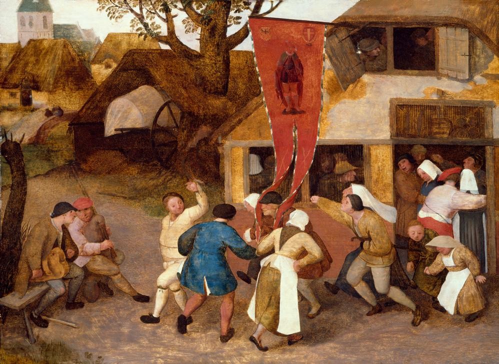Pieter Brueghel der Ältere, Dorfkirmes (Bauer (Landwirt),Bauernhaus,Blasinstrument,Dorf,Dudelsack,Feste,Gasthaus,Kopfbedeckung,Musik,Szene,Tanz,Volksfest,Volkskunde,Instrument,Renaissance,Manierismus,Bäuerin,Volkstanz,Haube,Architekturdarstellung,Niederländische Kunst,Physiognomik,Im Freien (Al)