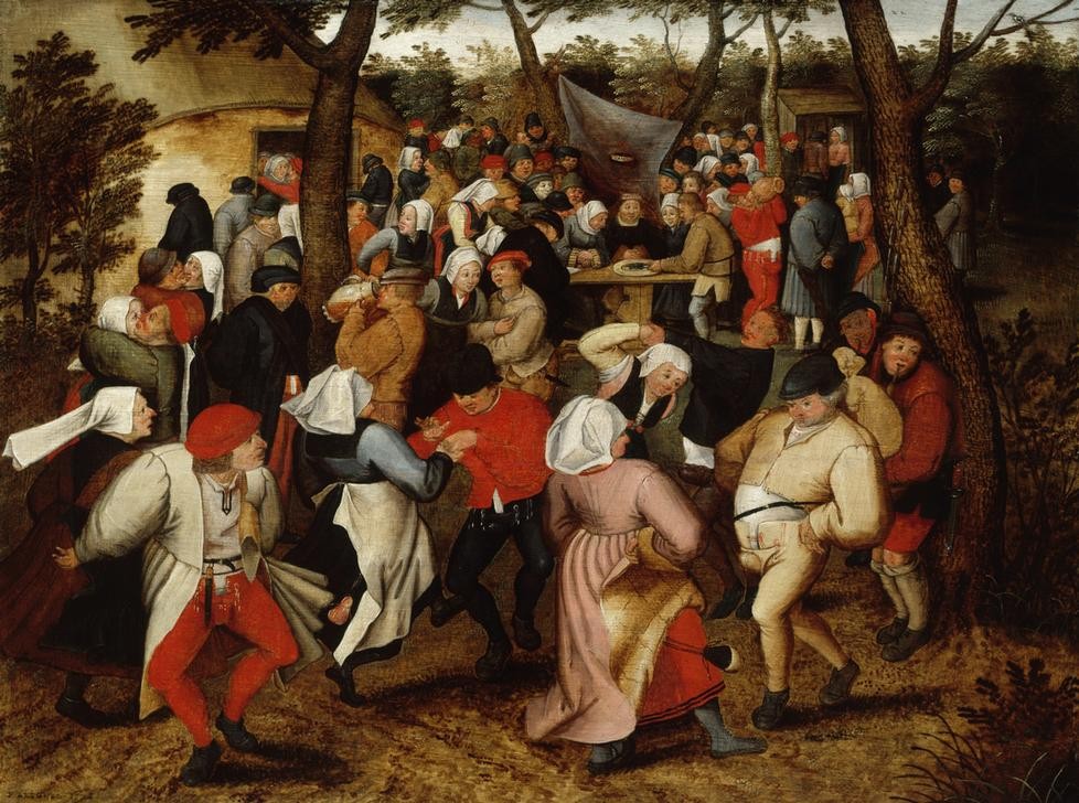 Pieter Brueghel der Jüngere, Der Hochzeitstanz (Bauernhaus,Dudelsack,Hochzeit,Liebe Und Ehe,Liebespaar,Mensch,Musik,Tanz,Volkskunde,Instrument,Renaissance,Kuss,Manierismus,Umarmung,Volkstanz,Niederländische Kunst,Im Freien (Allgemein),Landleben,Ausgelassenheit,Landbevölkerung,Dorfleben,Dudelsackspieler)