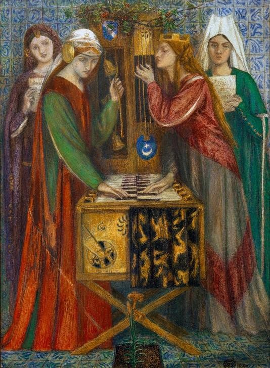 Dante Gabriel Rossetti, The Blue Closet (Frau,Hausmusik,Konzert,Musik,Saiteninstrument,Tasteninstrument,Instrument,Glocke,Präraffaeliten,Englische Kunst,Frauenleben)