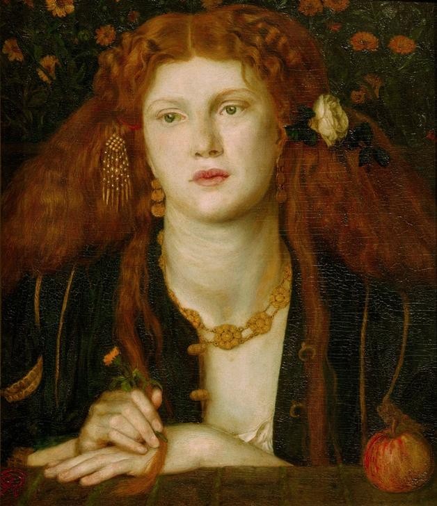 Dante Gabriel Rossetti, Bocca Baciata (Frau,Mensch,Schmuck,Ohrring,Portrait,Halskette,Präraffaeliten,Englische Kunst,Haarschmuck,Langes Haar,Junge Frau)