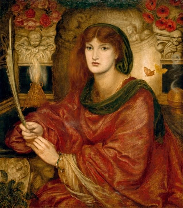 Dante Gabriel Rossetti, Sibylla Palmifera (Frau,Kunst,Mensch,Schmuck,Schönheit,Symbolismus,Portrait,Schmetterling,Präraffaeliten,Englische Kunst,Armband,Palmzweig,Junge Frau,Halbfigur,Faltenwurf,Gewand)