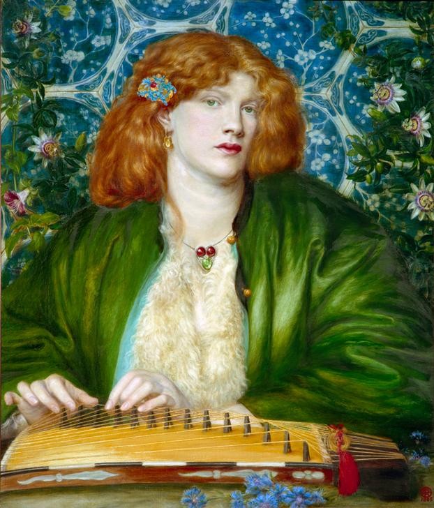 Dante Gabriel Rossetti, The Blue Bower (Frau,Mantel,Musik,Saiteninstrument,Tapete,Instrument,Portrait,Präraffaeliten,Englische Kunst,Haarschmuck,Junge Frau,Pelzbesatz,Koto (Musikinstrument),Zupfinstrument)