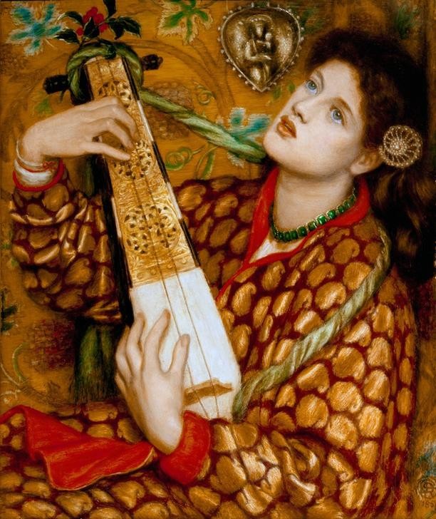 Dante Gabriel Rossetti, A Christmas Carol (Feste,Frau,Gesang,Musik,Sängerin,Saiteninstrument,Weihnachten (Kalenderfeste),Instrument,Präraffaeliten,Englische Kunst,Singen,Weihnachtslied,Junge Frau,Zupfinstrument)