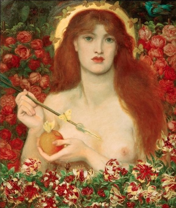 Dante Gabriel Rossetti, Venus Verticordia (Apfel,Frau,Jugend (Lebensalter),Liebe,Mythologie,Pfeil,Rose,Vogel,Schönheit,Frühling,Busen,Femme Fatale,Allegorie,Portrait,Schmetterling,Präraffaeliten,Versuchung,Englische Kunst,Mystik,Viktorianische Kunst,Geissblatt,Langes Haar,Blume,Verticordia,Junge F)