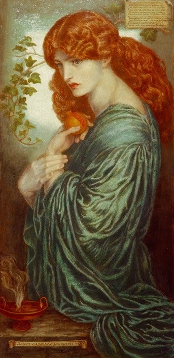 Dante Gabriel Rossetti, Proserpina (Frau,Mythologie,Öllampe,Symbolismus,Portrait,Präraffaeliten,Granatapfel,Englische Kunst,Fruchtbarkeit,Mystik,Rote Haare,Viktorianische Kunst,Langes Haar,Faltenwurf,Gewand,Griechisch-Römische Mythologie,Symbolik,Sinnlichkeit)