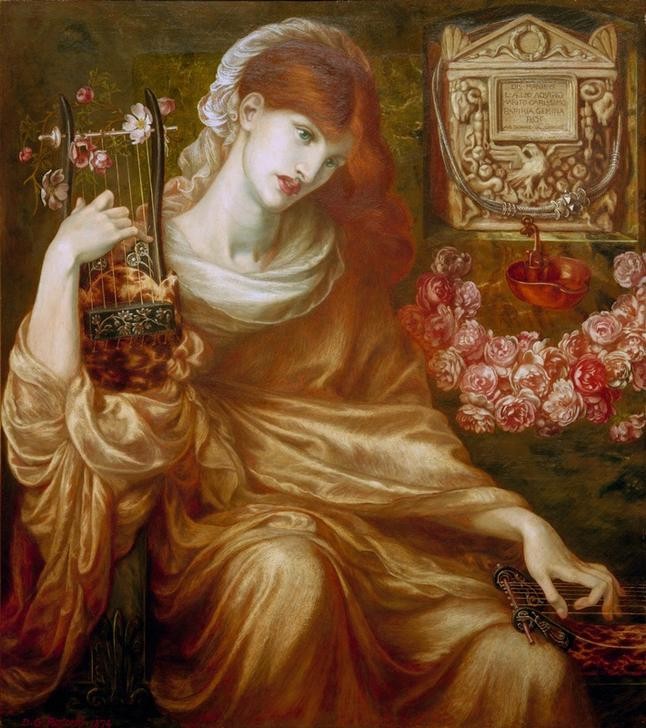 Dante Gabriel Rossetti, Roman Widow (Dîs Manibus) (Frau,Harfe,Mensch,Musik,Rose,Saiteninstrument,Witwe,Trauer,Portrait,Präraffaeliten,Englische Kunst,Urne,Rote Haare,Traurigkeit,Viktorianische Kunst,Faltenwurf,Gewand)
