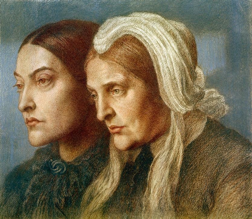 Dante Gabriel Rossetti, Christina G.Rossetti und Mutter (Dichterin,Familie,Frau,Lyrikerin,Kopfbedeckung,Literatur,Mutter Und Kind,Schriftstellerin,Portrait,Mutter Und Tochter,Präraffaeliten,Haube,Englische Kunst,Doppelportrait,Brustbild,Halbprofil)