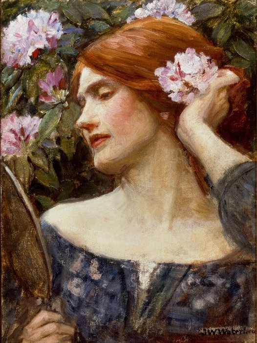 John William Waterhouse, Vanity (Frau,Kunst,Laster,Tugenden Und Laster,Allegorie,Portrait,Vanitas,Präraffaeliten,Englische Kunst,Handspiegel,Blume Im Haar,Morallehre)