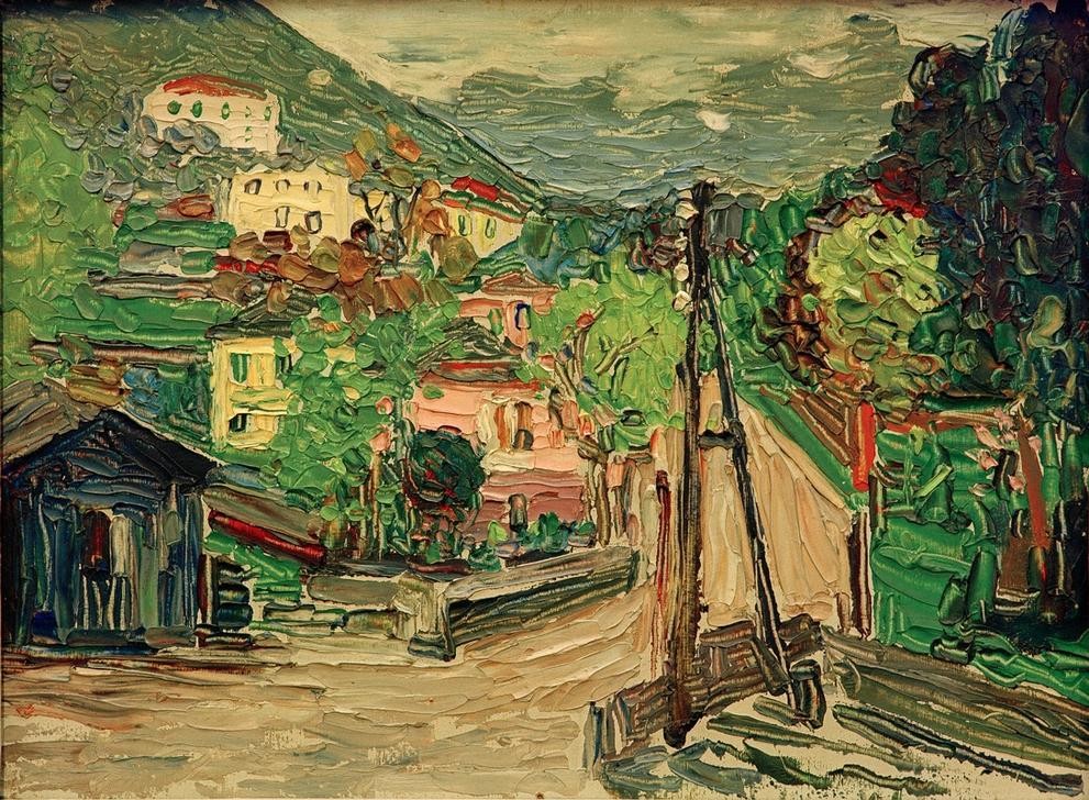 Wassily Kandinsky, Rapallo – Blick vom Fenster (Landschaft, Landschaftsmalerei, Straße, Dorf, Telegrafenmast, Italien, Russische Kunst, Expressionismus, Wohnzimmer, Treppenhaus, Wunschgröße, Klassische Moderne, bunt)