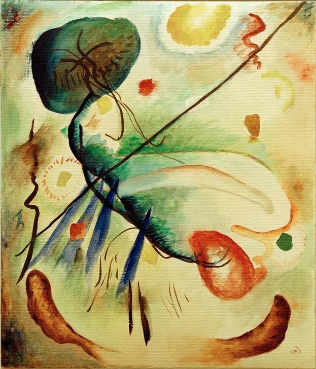 Wassily Kandinsky, Aquarell mit Strich (Wunschgröße, Klassische Moderne, Malerei, abstrakte Kunst, amorphe Formen, Farbflächen, Wohnzimmer, Büro, Arztpraxis, bunt)
