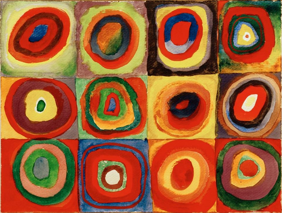 Wassily Kandinsky, Farbstudie – Quadrate mit konzentri– schen Ringen (Geometrie, Der Blaue Reiter, Abstrakte Kunst, Russische Kunst, Studie, Kreise, Farbenlehre, Quadrate, WWohnzimmer,  Treppenhaus, Wunschgröße, Klassische Moderne, bunt)